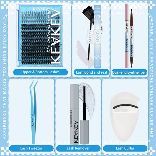 KevKev Lash Extension Kit Eyelash Extension Kit Included Lash Clusters Bottom Lashes with Lash Bond and Seal Lash Remover Dual-End Eyeliner Pen Eyelash Curler and Lash applicator 6-In-1 Kit(7D+40D)