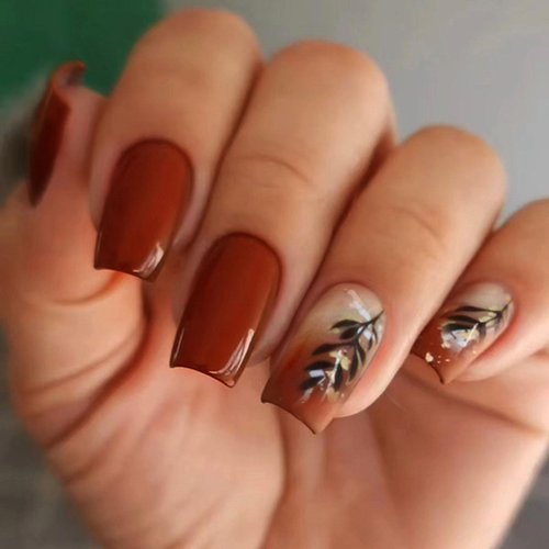 24Pcs Fall Press on Nails Caramel Brown Glue on Nails Autumn Leaves False Nails Medium Length Square Fake Nails Glossy Gold Foil Design Fake Nails Fall Medium Acrylic Nails for Women Girls