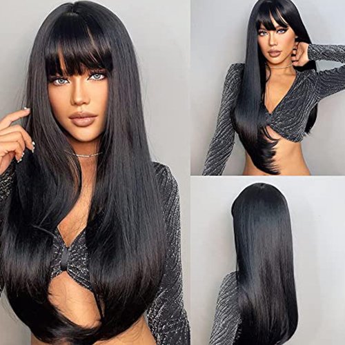 Allbell Long Black Wigs for Women Straight Wig with Bangs Synthetic Natural Hair for Daily Use Cosplay