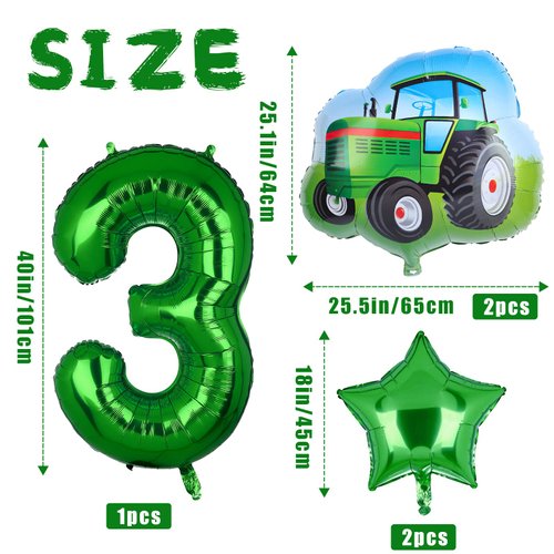 5Pcs Tractor Balloons, Green Tractor Birthday Number Mylar Foil Balloon Farm Theme 3rd Birthday Party Supplies Decor (3rd)