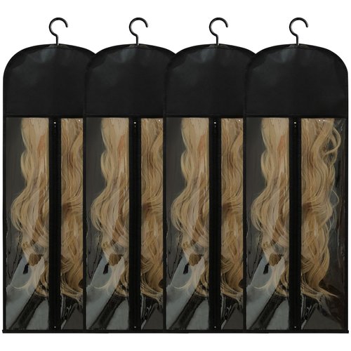 Jonley 4Pcs Extra Long Wig Storage Bags with Hanger, Wig Storage for Multiple Wigs Hair Extensions and Accessory Storage Breathable and Easy Carry Home Hair Salon Travel Use (Black 31.5in)