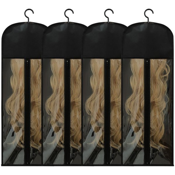 Jonley 4Pcs Extra Long Wig Storage Bags with Hanger, Wig Storage for Multiple Wigs Hair Extensions and Accessory Storage Breathable and Easy Carry Home Hair Salon Travel Use (Black 31.5in)