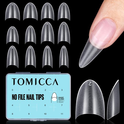 TOMICCA Short Almond Nail Tips, No C Curve Shape Fake Nails 360Pcs Half Cover Soft Gel Tips 12 Sizes Press On Acrylic Full Matte for Nails Extension Art Home DIY Nail Salon With Box
