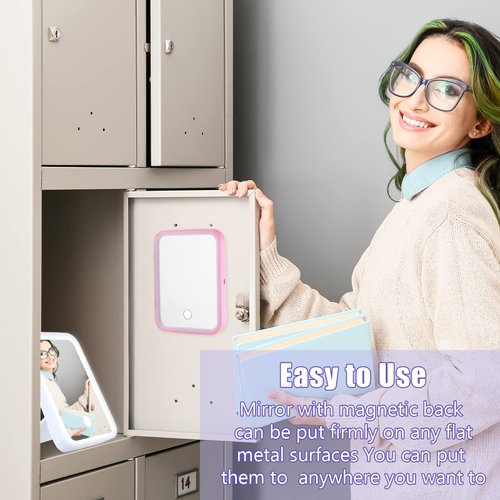 Sintuff 2 Pcs Light up Magnetic Locker Mirror Locker Accessories Rectangular Mirror for Girls and Boys for School Locker, Bathroom, Household Refrigerator, Workshop Toolbox or Cabinet (Pink, White)