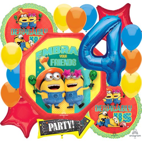 Anagram Despicably Us 4 Minions 4th Birthday Theme Party Supplies Foil Balloon Bouquet Decoration, Multicolored, Party Accessory, Officially Licensed, Various, AN-4693502