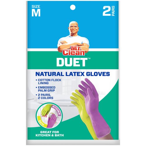 Mr. Clean Duet, Natural Latex, Beaded Cuff, Cotton Flock Lining, Non-Slip Grip Gloves, Medium