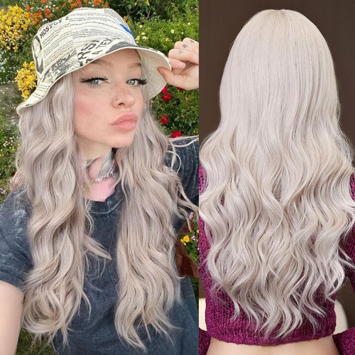 testar Platinum Blonde Wigs With Bangs Long Wavy Platinum Wig For White Women Curly Gray Wigs Heat Resistant Synthetic Wigs For Girls Cosplay Party Wear 28IN
