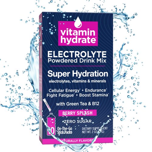 Vitamin Hydrate Electrolyte Powdered Drink Mix, Super Hydration, Boost Stamina & Fights Fatigue, Bursting with Electrolytes, Vitamins & Minerals, 0 Sugar, Berry Splash, 10 Stick Packs