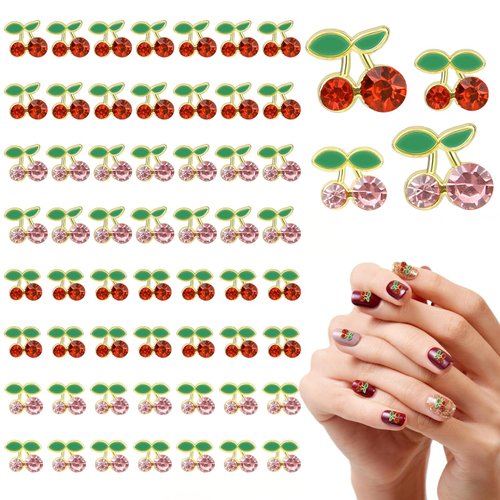 60Pcs 2 Sizes 3D Cherry Nail Charms Pink + Red Shiny Cute Fruit Luxury Gems Crystal Diamond Jewelry Decorations with Rhinestones for Women Girl Acrylic Nails Nail Design Art Decoration Set DIY Crafts