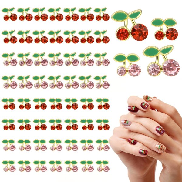 60Pcs 2 Sizes 3D Cherry Nail Charms Pink + Red Shiny Cute Fruit Luxury Gems Crystal Diamond Jewelry Decorations with Rhinestones for Women Girl Acrylic Nails Nail Design Art Decoration Set DIY Crafts