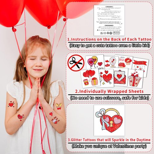 Partywind 204 Glitter Styles Valentine's Day Kids Temporary Tattoos, Valentines Party Supplies Favors Goodie Bag Stuffers, Exchange Surprise for Kids Classroom Prizes (Individually Wrapped Cut)