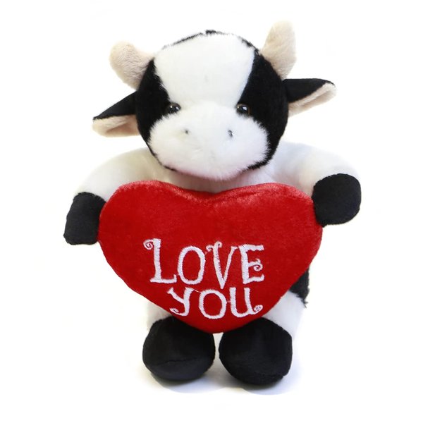 Plushland Stuffed Animal with Red Heart – Love You- Plush Animals Toy for Kids & Adults - Embroidered Heart Pillow -8 inches (Cow)