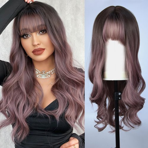 Qingchuang Ombre Pink Wig With Bangs for Women 26 Inch Long Curly Wave Wig Heat Resistant Synthetic Hair Looking Natural Fiber Wig for Cosplay,Halloween,Daily Party Use
