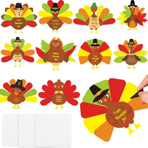 Jenaai 30 Pcs Thanksgiving Crafts Thanksgiving Kids Turkey Craft Kit with Colorful Feathers DIY Thanksgiving Crafts for Autumn Home Fall Classroom Party Decorations Thanksgiving Turkey Supplies