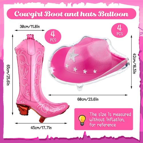Wettarn 8 Pcs Cowgirl Party Decorations Cowgirl Boot Balloons, Pink Cowgirl Cowboy Hat Balloon Western Cowgirl Balloons Birthday Party Decoration, Bachelorette Party Decorations for Themed Birthday