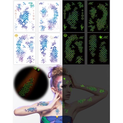 16 Sheets Luminous Mermaid Scale Temporary Tattoos Stickers,Glow in The Dark Mermaid Themed Tattoos Stickers Party Decoration Supplies Party favors for Kids Adults