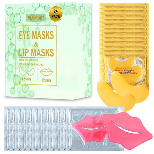 PLMMOUT 24 PCS Lip Masks & Eye Masks,Anti-Aging Eye Patches for Puffy Eyes Dark Circles,Collagen Crystal Eye Gel Pads Bulk,Nourish Lip Mask for Moisturizing Hydrate Dry Chapped Lips