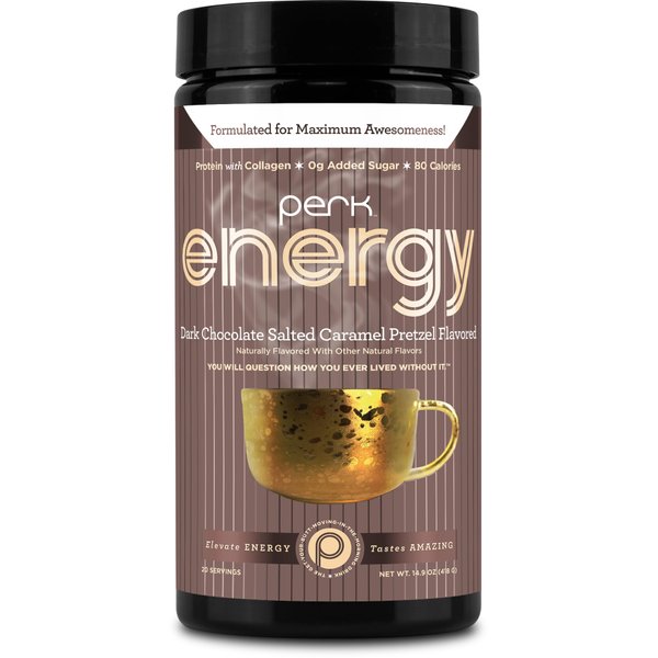 Perk Energy Original Dark Chocolate Salted Caramel Pretzel (20 Servings) - Gluten Free, Soy Free, Peanut Free