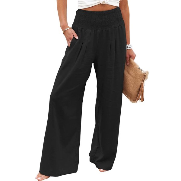 Vansha Women Summer High Waisted Cotton Linen Palazzo Pants Wide Leg Long Lounge Pant Trousers with Pocket Black L