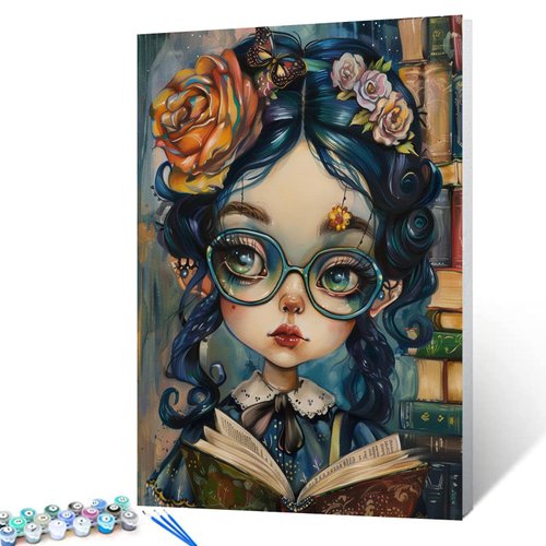 Female Student Wearing Glasses Paint by Numbers for Adults Cute Girl Hold The Book DIY Acrylic Watercolor Paintwork for Kids Beginners Graffitic Painting Arts Craft Home Decor16X20 inch（DIY Frame)