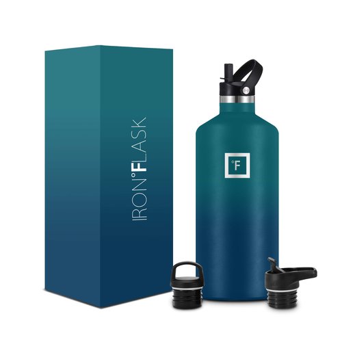 IRON °FLASK Camping & Hiking Hydration Canteens - 3 Lids (Narrow Straw Lid) Leak Proof Vacuum Insulated Stainless Steel - Hot & Cold Double Walled Sports Water Bottle - Dark Night, 64 Oz