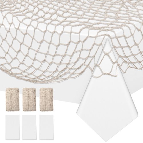 Unittype 6 Pack Fish Net Decorative and Tablecloth Set, Cotton Fishnet and Plastic Table Cover Decorations Set for Nautical Themed Party Baby Shower Pirate Decorations Mermaid Party Supply (White)
