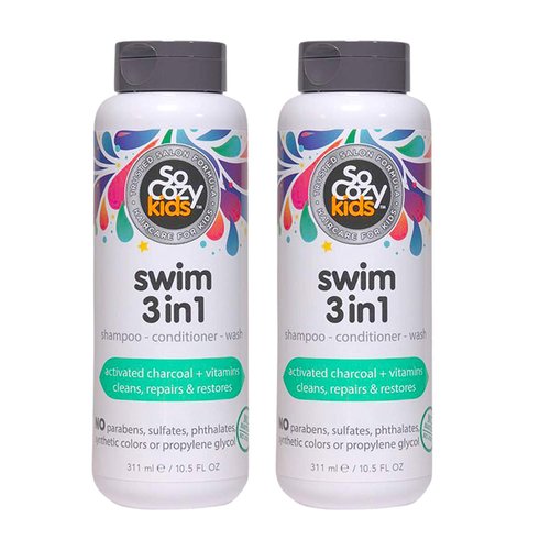 SoCozy Kids Swim 3-in-1 Shampoo + Conditioner + Body Wash (10.5 Fl Oz, Pack of 2) Gentle Combo Hair & Body Cleanser for Swimmers, Salt & Chlorine-Removing Activated Charcoal, Paraben & Sulfate-Free