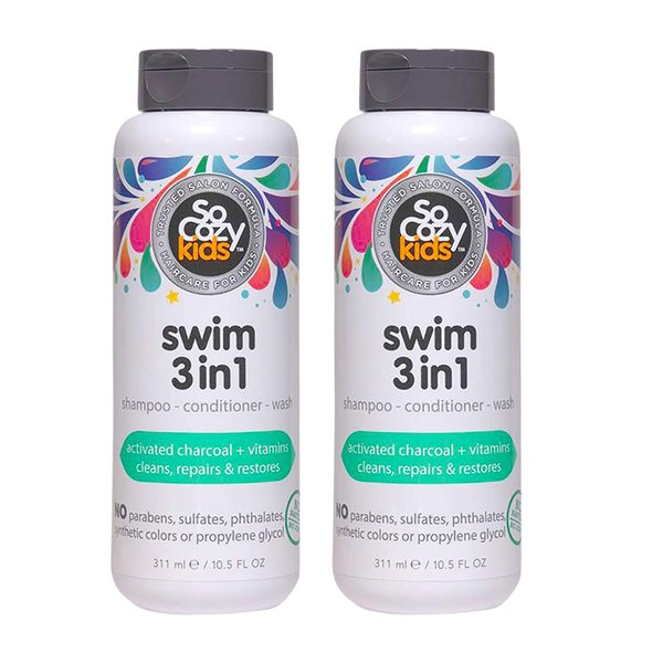 SoCozy Kids Swim 3-in-1 Shampoo + Conditioner + Body Wash (10.5 Fl Oz, Pack of 2) Gentle Combo Hair & Body Cleanser for Swimmers, Salt & Chlorine-Removing Activated Charcoal, Paraben & Sulfate-Free