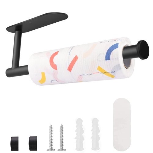 Matte Black Wall Paper Towel Holder, Wall Mounted Stick on Paper Towel Holder, Adhesive Paper Towel Holder Under Cabinet, Rust-Proof Paper Towel Hanger for Kitchen, Bathroom