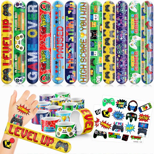 48 PCS Game Party Favors 24PCS Tattoos Sticker 24PCS Slap Bracelets Wristbands Perfect for Themed Birthday Party Favors Baby Showers or Classroom Rewards Ideal Decor and Gifts for Girls and Boys