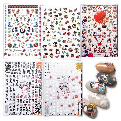 5 Sheets Japenese Nail Art Stickers Adhesive Nail Decal of Ancient Japan Decorations Hand Painted Nail Foils Ninja Comic