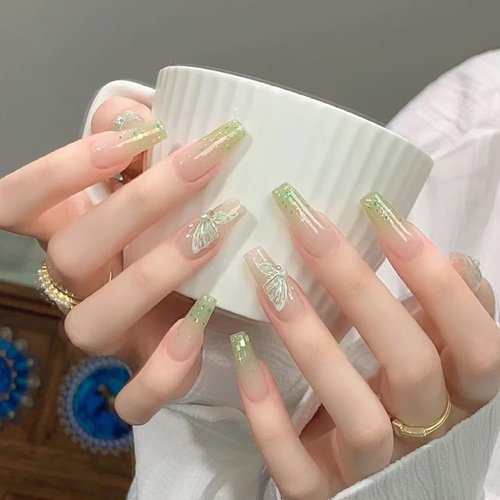 Green Butterfly Press on Nails Gradient Medium Square Fake Nails 3D Pearl Butterfly Design Full Cover Acrylic Nails Green Glitter Gradient False Nails Glue On Nails for Women Nails Decoration 24pcs