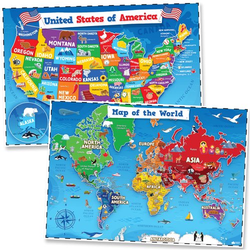 Momo & Nashi United States & World Map Poster for Kids - 2 Pc - 24 x 16 Inch Waterproof USA & Map of the World Poster - for Wall Posters for Learning, Classroom, Education, Back to School Resources