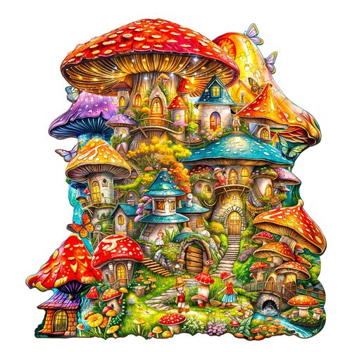 Wooden Puzzles for Adults, Mushroom House Puzzles (Medium, 11.4 * 8.6in, 200pcs) with Wood Box, Unique Animal Shape Puzzles, Wooden Puzzles for Family Games and Birthday Gifts