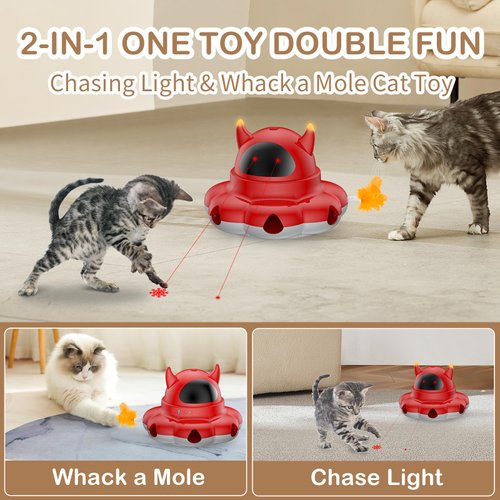 Cosicosy 2-in-1 Interactive Cat Toys for Indoor Cats, Automatic Cat Toy with 7 Holes Mice Whack A Mole Moving Feather, Smart Cat Toy (Red)