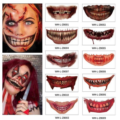 Halloween Temporary Tattoos, Halloween Prank Makeup Temporary Tattoo, Halloween Clown Horror Mouth Fake Tattoos Waterproof Face Tattoos Stickers Decals Prank Props for Day of the Dead Body Art Decor