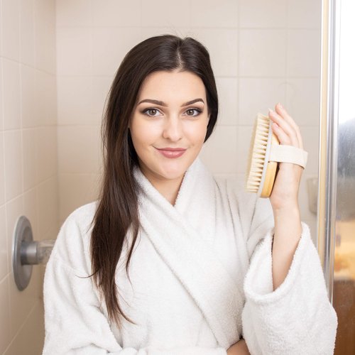 Hand Size Dry Brushing Body Brush - Face, Foot, Leg Exfoliator - Skin Tightening Cellulite Massager for Thighs - Natural Bristle Scrubber for Exfoliating Dead Skin & Lymphatic Drainage