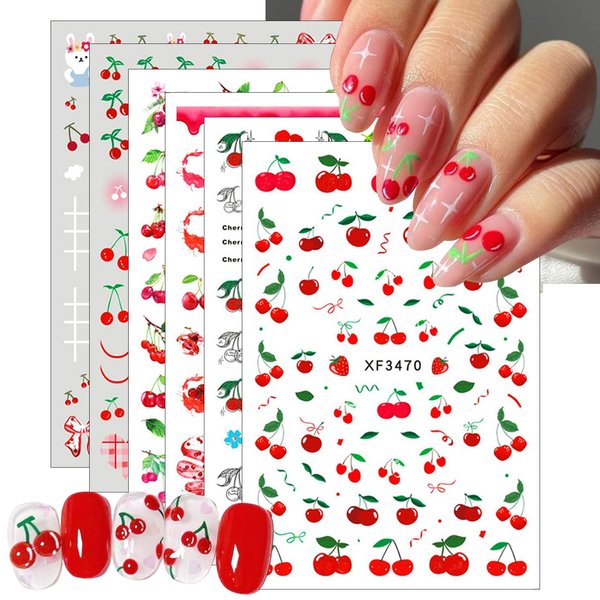 6 Sheets Summer Fruit Nail Art Stickers 3D Self-Adhesive Cherry Strawberry Nail Sticker Bow Nail Design Cute Rabbits Nail Decals Nail Supplies for Women and Girl Acrylic Manicure Decoration