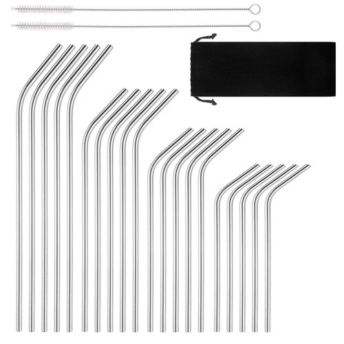Reusable Stainless Steel Drinking Straws, 20 Pcs 4 Size - 6.3'' 7.1'' 8.5'' 10.5'', BPA Free Long Short Smoothie Drinking Curved Bent Straws with 2 Brushes and Carry Bag, Fit for 10/20/30 oz Tumblers