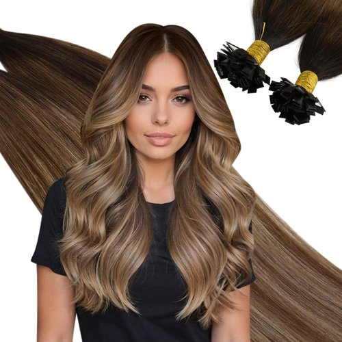 Ugeat Flat Tip Human Hair Extensions 18 Inch Hot Fusion Hair Extensions Human Hair 50 Gram Keratin Tip Hair Extensions Human Hair Balayage #2/6/12 Fusion Hair Extensions Blonde with Brown 50s