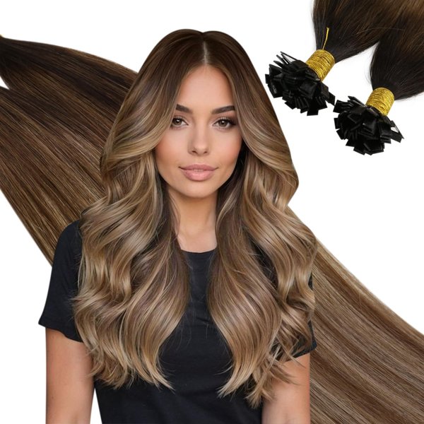 Ugeat Flat Tip Human Hair Extensions 18 Inch Hot Fusion Hair Extensions Human Hair 50 Gram Keratin Tip Hair Extensions Human Hair Balayage #2/6/12 Fusion Hair Extensions Blonde with Brown 50s
