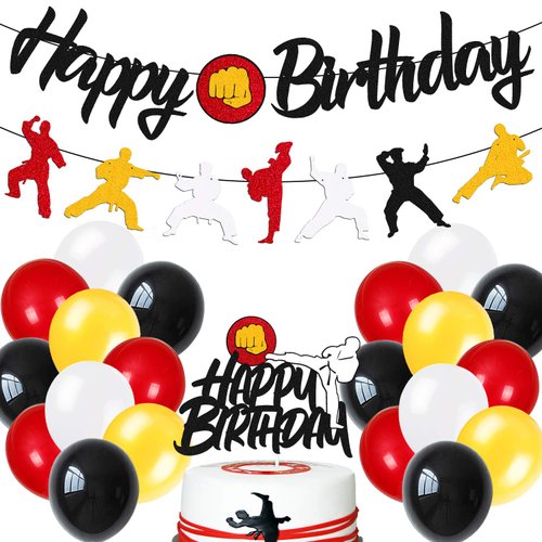Ohiviaaa Karate Birthday Decorations Kit Taekwondo Happy Birthday Banner Karate Cake Topper Latex Balloons for Men Women Kids Boy Girl Bday Party Supplies Black Glitter Décor
