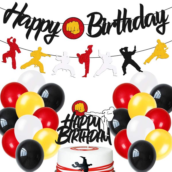 Ohiviaaa Karate Birthday Decorations Kit Taekwondo Happy Birthday Banner Karate Cake Topper Latex Balloons for Men Women Kids Boy Girl Bday Party Supplies Black Glitter Décor
