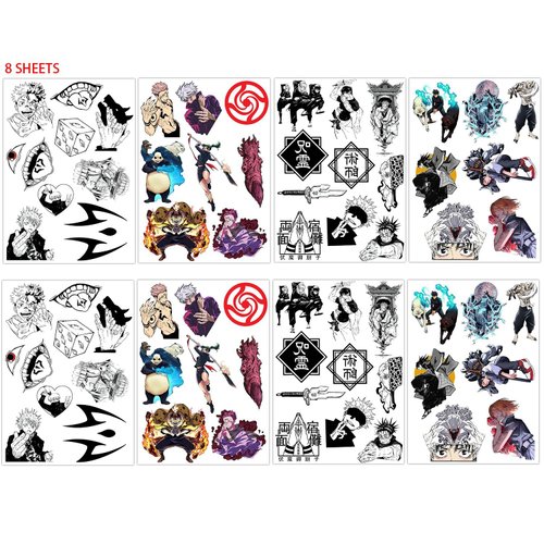 Babymiu Anime JJK Temporary Tattoo（8 Sheets) Gifts Anime Decor Merch Cosplay Temporary Tattoos Cartoon Stickers Decal Party Favors Supplies for Teens Kids Man