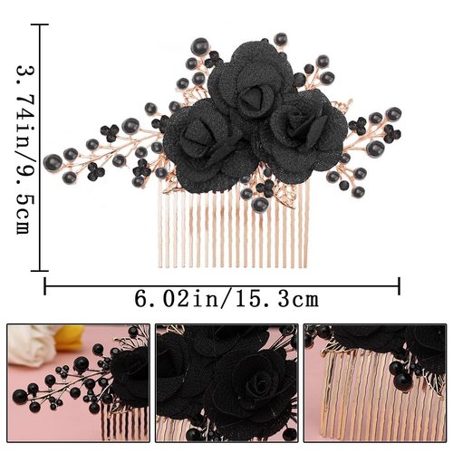 2 PCS Flower Hair Comb Black Bridal Wedding Hair Side Combs Black Rose Floral Rhinestone Pearl Headpiece Vintage Decorative Girl Women Hair Accessories for Wedding Party Prom Valentine's Day Headband