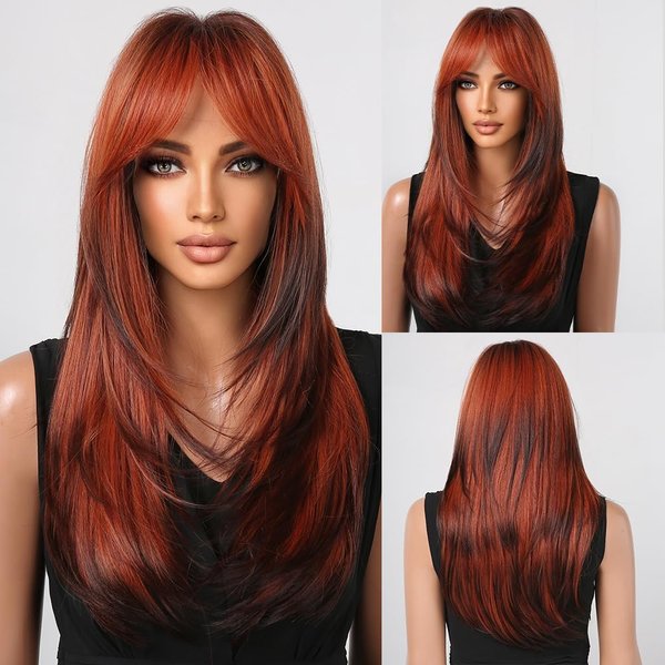 testar Ombre Red Black Wigs With Bangs Long Straight Wigs For Black Women Synthetic Layered Wig Heat Resistant Hair Wigs For Daily Party Female Girls Use