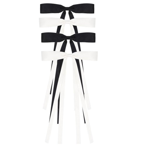 4pcs Hair Clips with Tassels and Bowknot Ponytail Holders for Women, Girls, Toddlers, and Teens (Black + White)