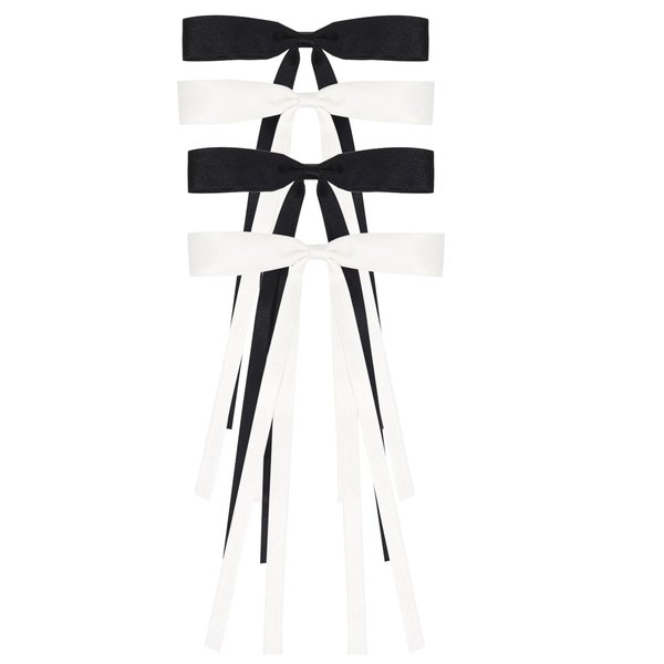 4pcs Hair Clips with Tassels and Bowknot Ponytail Holders for Women, Girls, Toddlers, and Teens (Black + White)