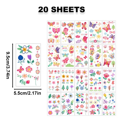 20 Sheets Cute Flower Temporary Tattoos for Women, Waterproof Butterfly Arm Fake Tattoos for Teens, Colorful Last Long Tattoo Stickers for Birthday Gift, Party Fillers