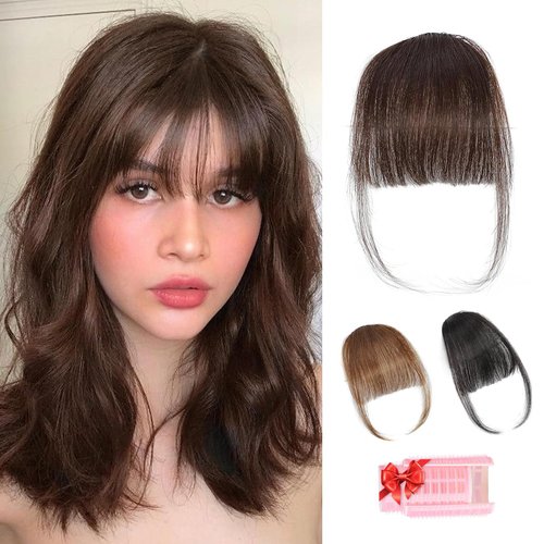 YaFex Clip In Bangs - 100% Real Human bangs hair clip, Dark Brown Fake Bangs Hair Extensions Wispy Clip on Air Bangs for Women Fringe with Temples Hairpieces Curved Bangs for Daily Wear